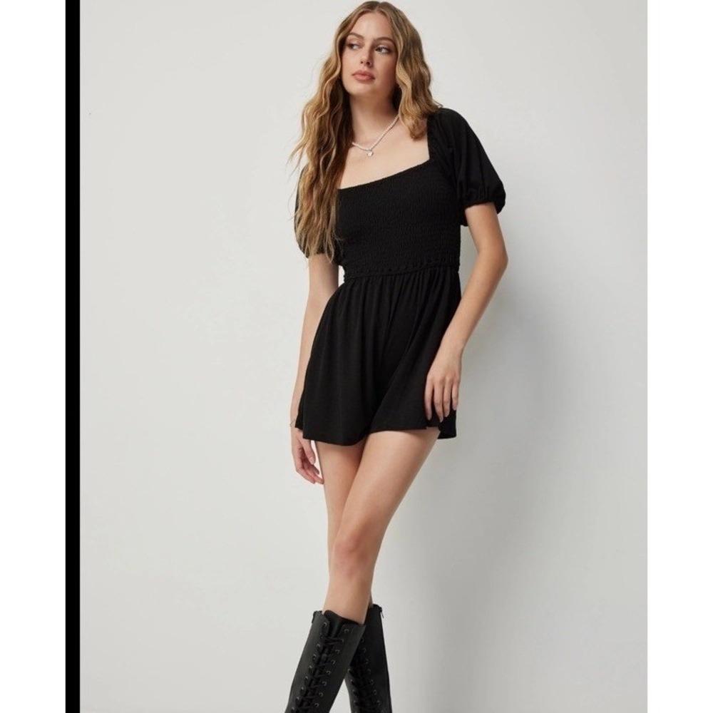 Women's Black Romper Small Smocked Puff Sleeves Pocket Square Neckline BOHO